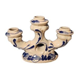 Vintage Gzhel Russian Style Candelabra. Unmarked. 3 Candle Holder No Flaws